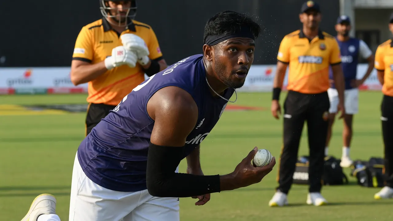 Cricket batter swinging through a powerplay delivery under stadium floodlights with blurred crowd behind