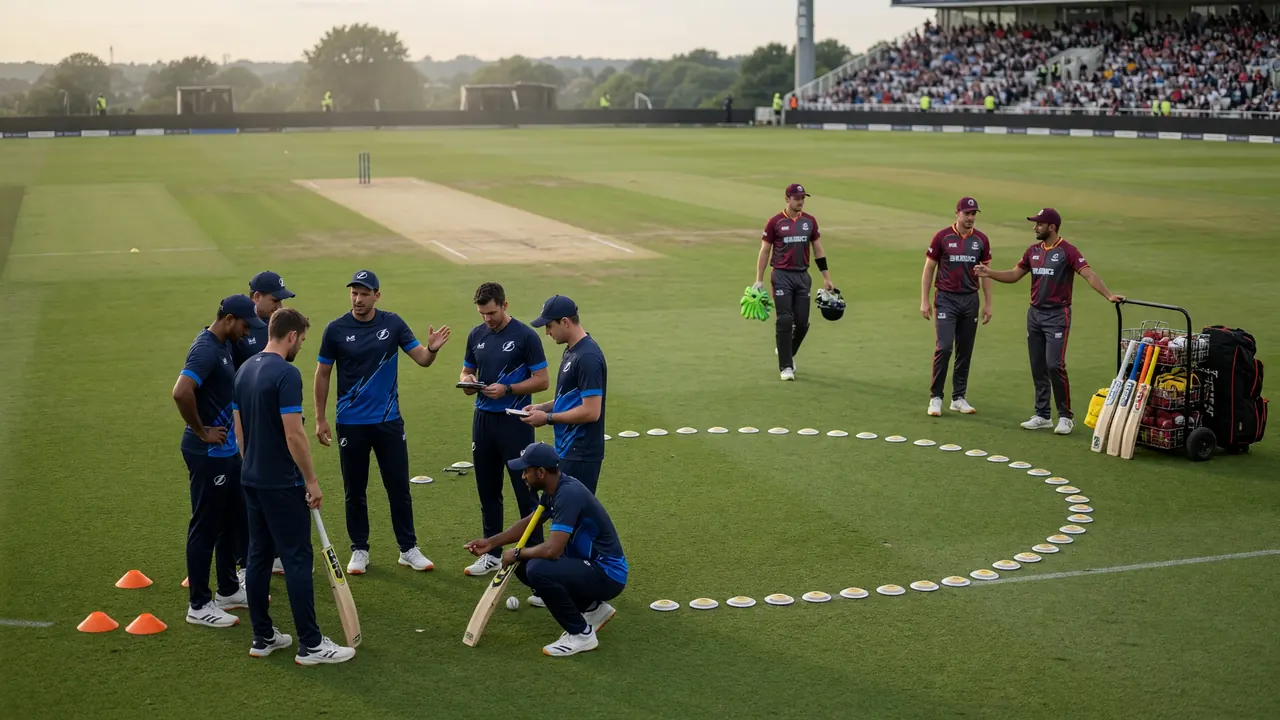 Bowler and fielders setting a ring field on a floodlit cricket ground during a white-ball match