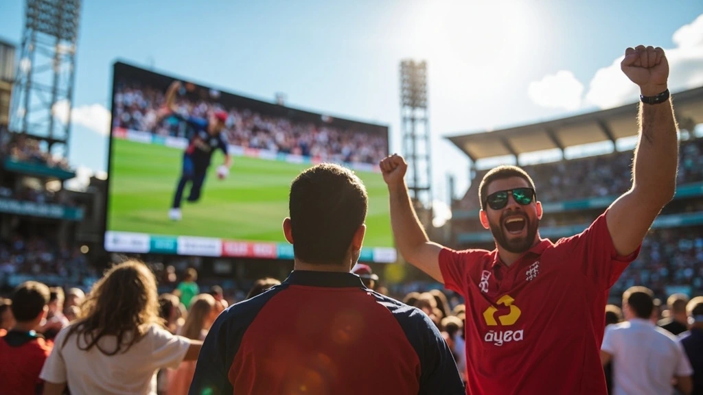 Fans cheering during a T20 World Cup 2026 match with live match tracker in foreground