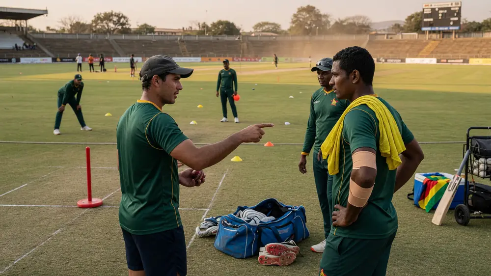 Cricket fielders in a tactical ring around the bat during a day-night match with stumps and crease visible